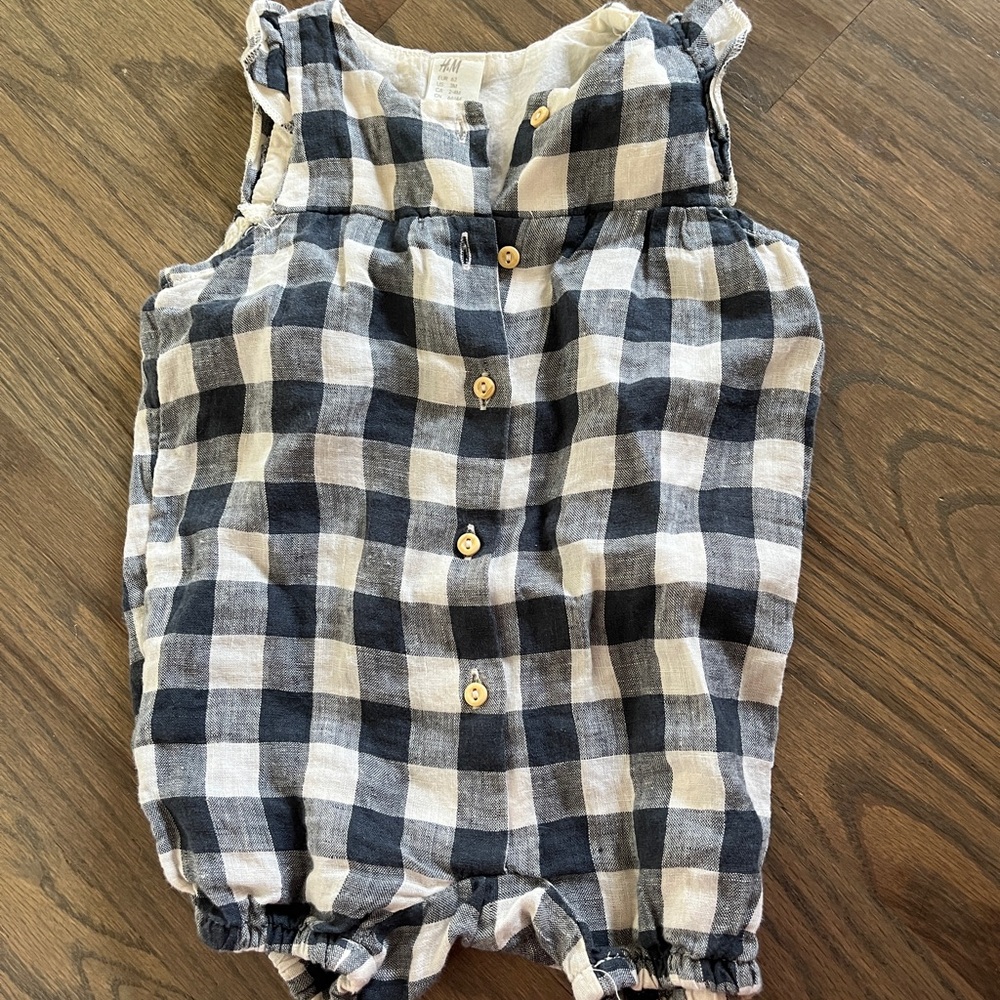 Blue and White Gingham Baby Romper - Size 3 Months